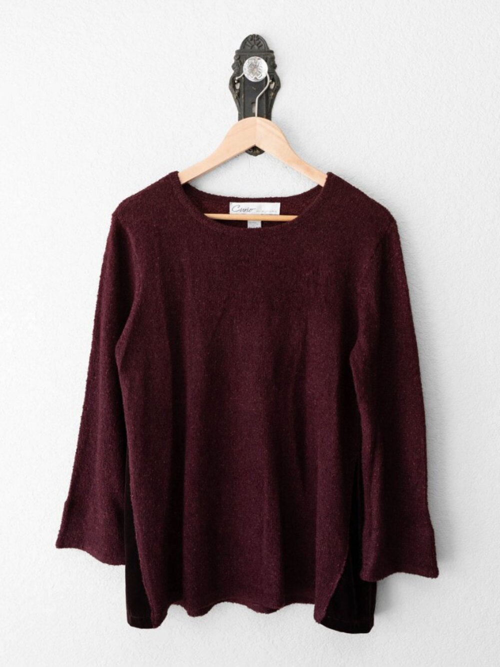 Curio New York Burgundy Boucle Sweater Velvet Side Panels 3/4 Sleeve Women's M